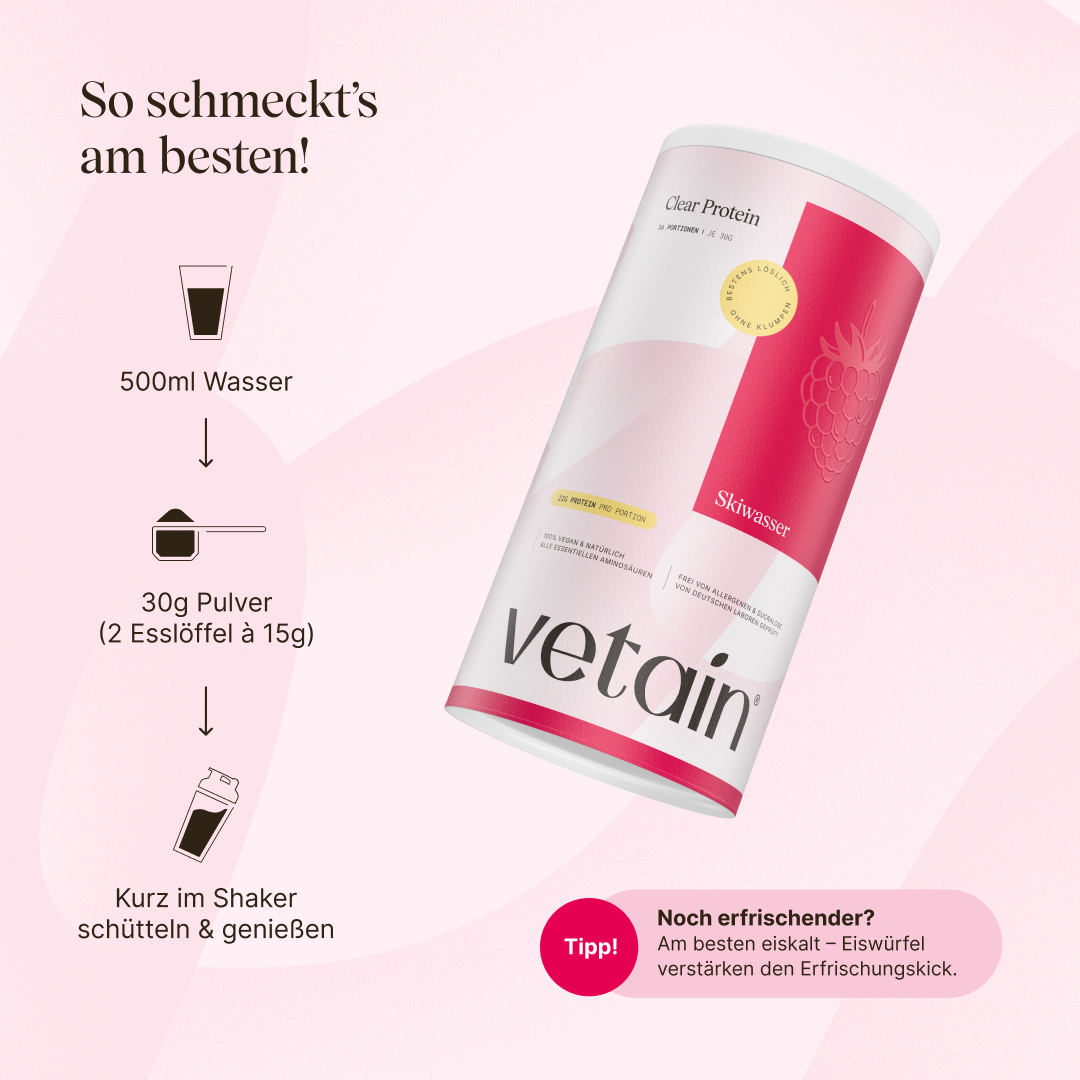 Zubereitung des Vetain Clear Proteins. 500ml Wasser mit 30g Pulver vermischen, kurz im Shaker schütteln & genießen. Am besten eiskalt mit Eiswürfel