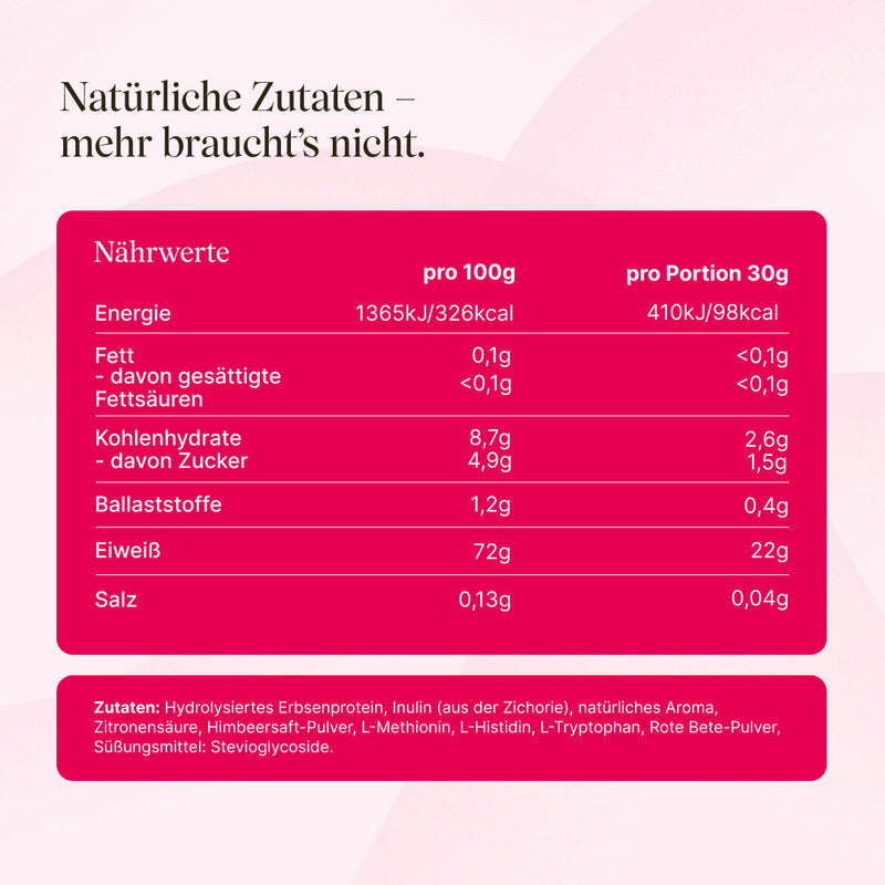 Nährwerte des Clear Proteins Skiwasser von Vetain. Nur natürliche Zutaten. 22g Protein. 98 kcal pro Portion
