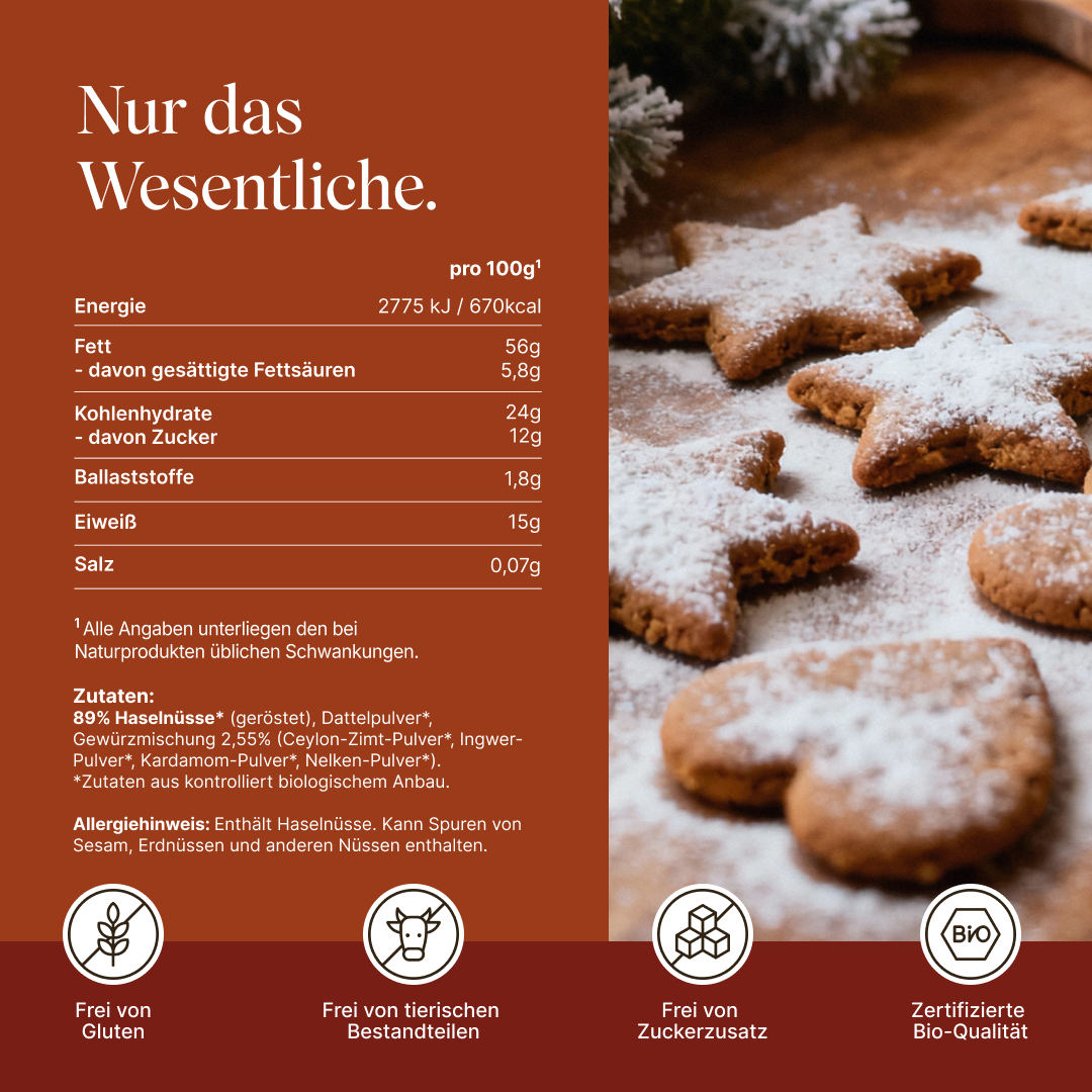 Lebkuchencreme mit natürlichen Zutaten. Frei von Gluten, Frei von tierischen BEstandteilen, frei von Zuckerzusatz, zertifizierte Bio-Qualität