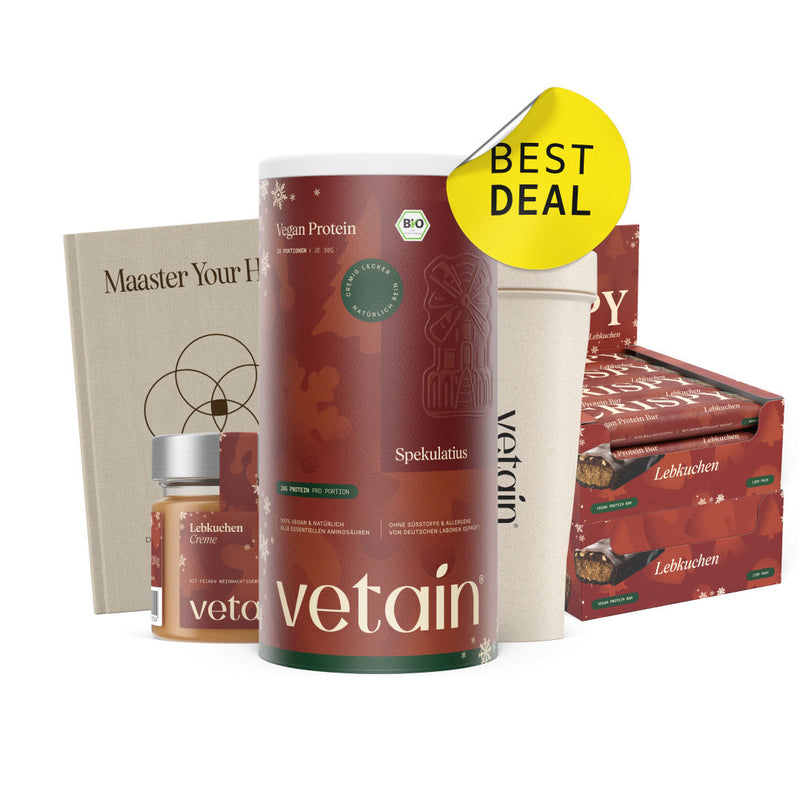 Vetains Black Friday Bundle mit vegan Proteinpulver, Proteinriegel, Nussmus und eBook, sowie Proteinshaker