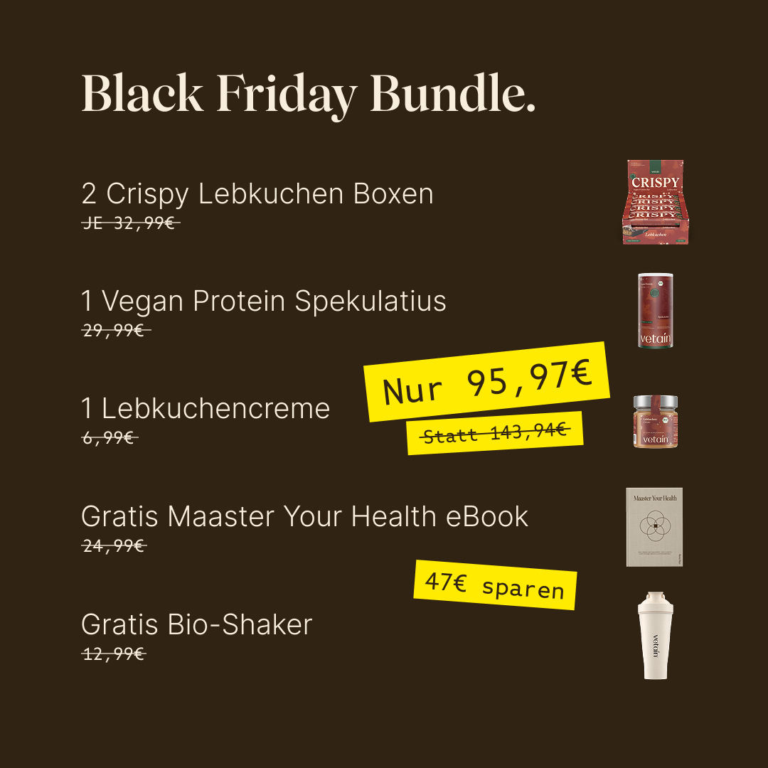 Vetain Black Friday Bundle: 2 Crispy Lebkuchen Boxen, 1 Vegan Protein Spekulatius, 1 Lebkuchencreme, Gratis Maaster Your Health eBook, Gratis Bio-Shaker für 95,97€ statt 143,94€