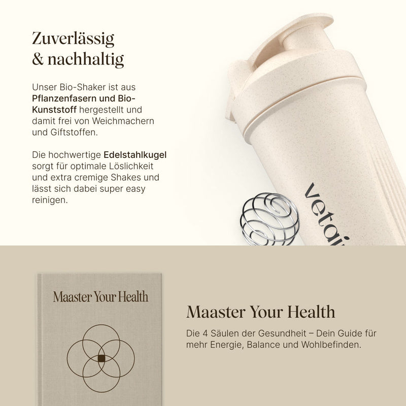 Vetain Proteinshaker aus Pflanzenfasern und Bio-Kunststoff. Ohne Weichmacher und ohne Giftstoffe. Mit Edelstahlkugel für optimale Löslichkeit und extra cremige Shakes. Maaster Your Health eBook mit 4 Säulen der Gesundheit - Dein Guide für mehr Energie, Balance und Wohlbefinden