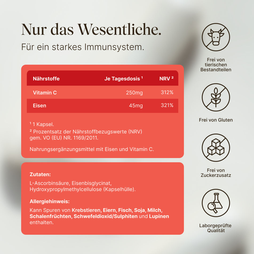Vetain Eisen + Vitamin C Supplement. Nur wesentliche Zutaten. Für ein starkes Immunsystem. Frei von tierischen Bestandteilen, frei von Gluten, Frei von Zuckerzusatz, Laborgeprüfte Qualität