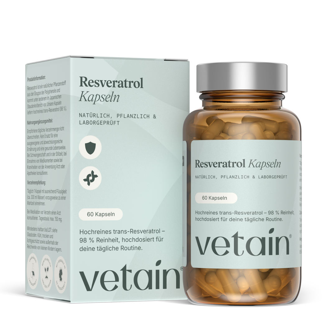 Vetain Resveratrol Kapseln: Braunglas-Dose und Faltschachtel, 60 Kapseln hochreines trans-Resveratrol