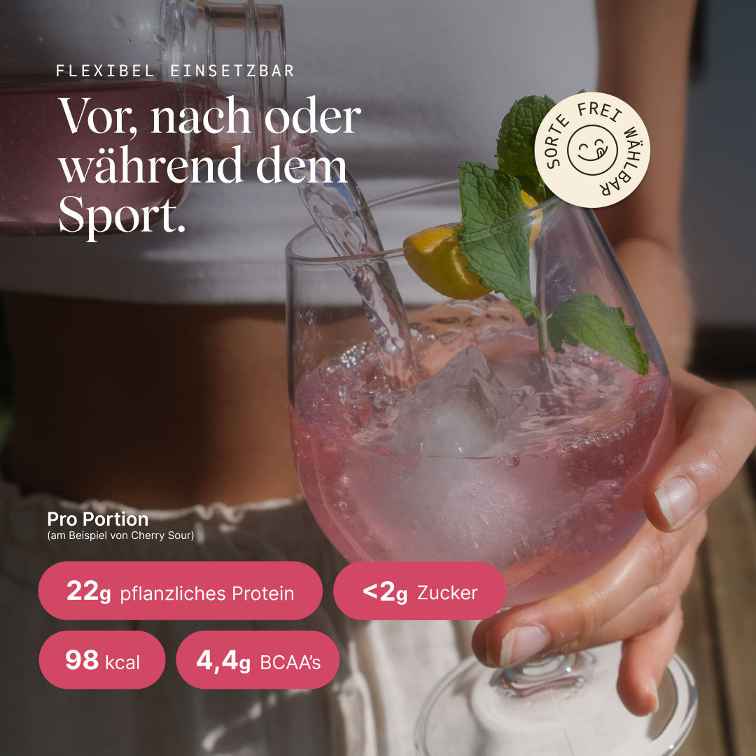 veganes Clear Protein Cherry-Sour: Einsatzmöglichkeiten vor, nach oder während dem Sport, Nährwertangaben pro Portion: 22g Protein, 98 kcal, 4,4g BCAA's und <2g Zucker