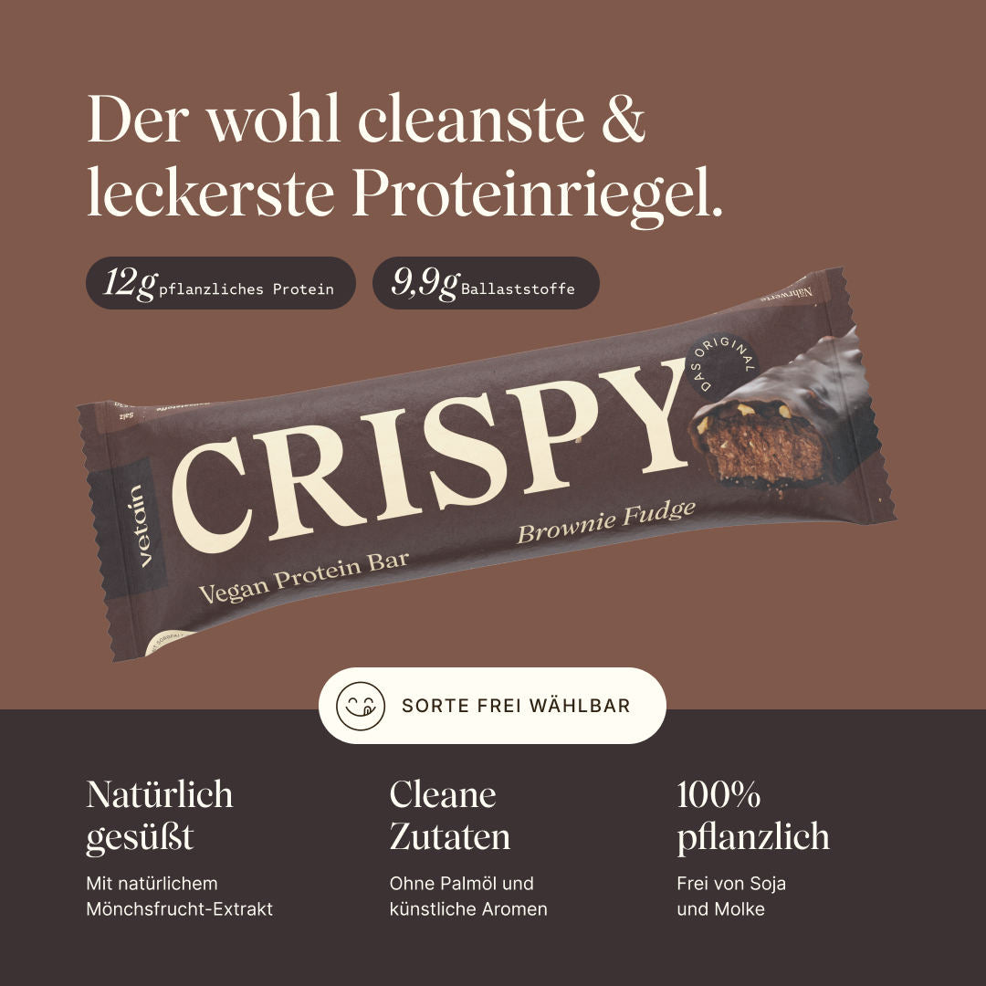 Vetain Proteinriegel vegan mit 12g pflanzliches Protein und 9,9g Ballaststoffen. Natürlich gesüßt mit Mönchsfrucht-Extrakt, cleane Zutaten ohne Palmöl, 100% pflanzlich, frei von Soja und Molke