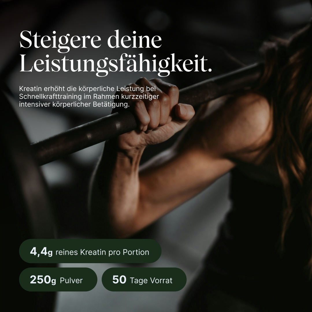 veganes Kreatin Monohydrat von Vetain: Infos zur Leistungsfähigkeit und Fakten zum Produkt. 4,4g reines Kreatin pro Portion, 250g Pulver, 50 Tage Vorrat