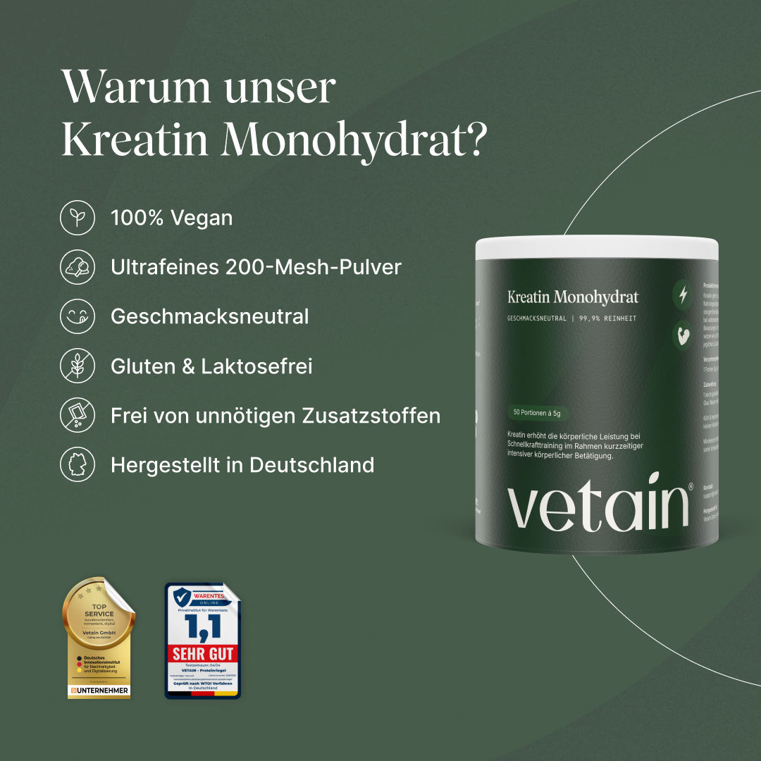 Kreatin Monohydrat von Vetain: 100% vegan, ultrafeines 200-mesh-pulver, geschmacksneutral, Gluten & Laktosefrei, Frei von unnötigen Zusatzstoffen, Hergestellt in Deutschland