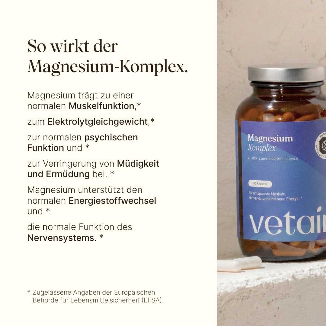 Auflistung der Wirkungsweise von Magnesium Komplex und zu was dieses alles beiträgt wie einer normalen Muskelfunktion, zum Elektrolytgleichgewicht, Verringerung von Müdigkeit und weitere
