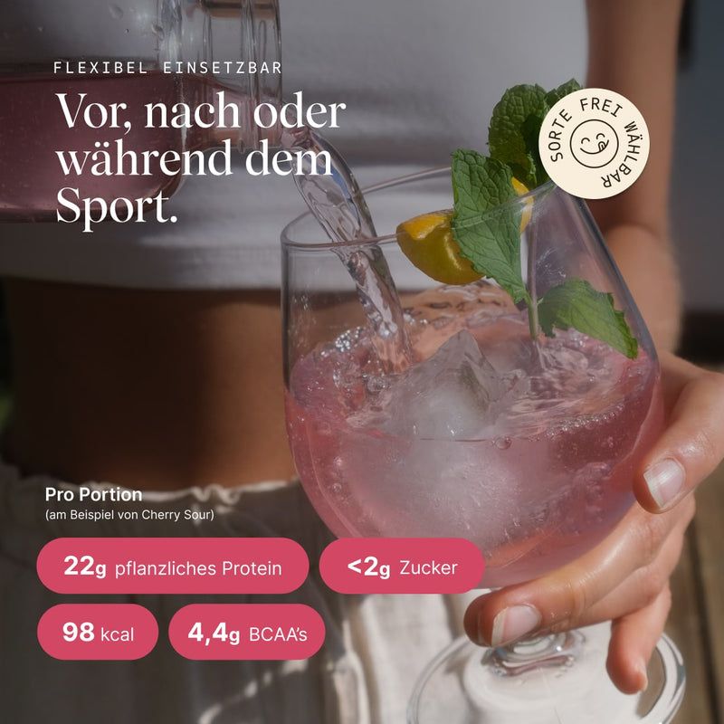 veganes Clear Protein Cherry-Sour: Einsatzmöglichkeiten vor, nach oder während dem Sport, Nährwertangaben pro Portion: 22g Protein, 98 kcal, 4,4g BCAA's und <2g Zucker
