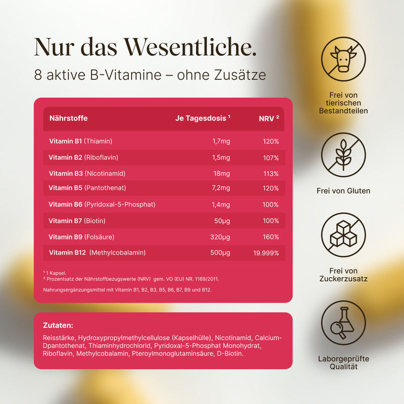 Vitamin B Komplex von Vetain. Frei von tierischen Bestandteilen, frei von Gluten, frei von Zuckerzusatz, laborgeprüfte Qualität