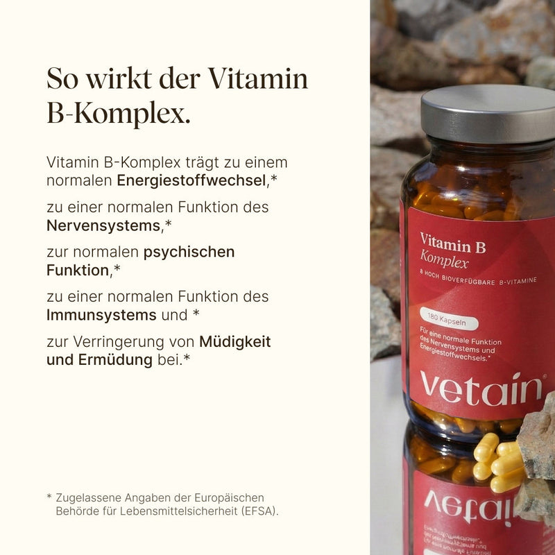 Auflistung der Wirkungsweise von Vitamin B-Komplex und zu was dieses alles beiträgt wie einem normalen Energiestoffwechseln, psychische Gesundheit, Verringern von Müdigkeit und mehr