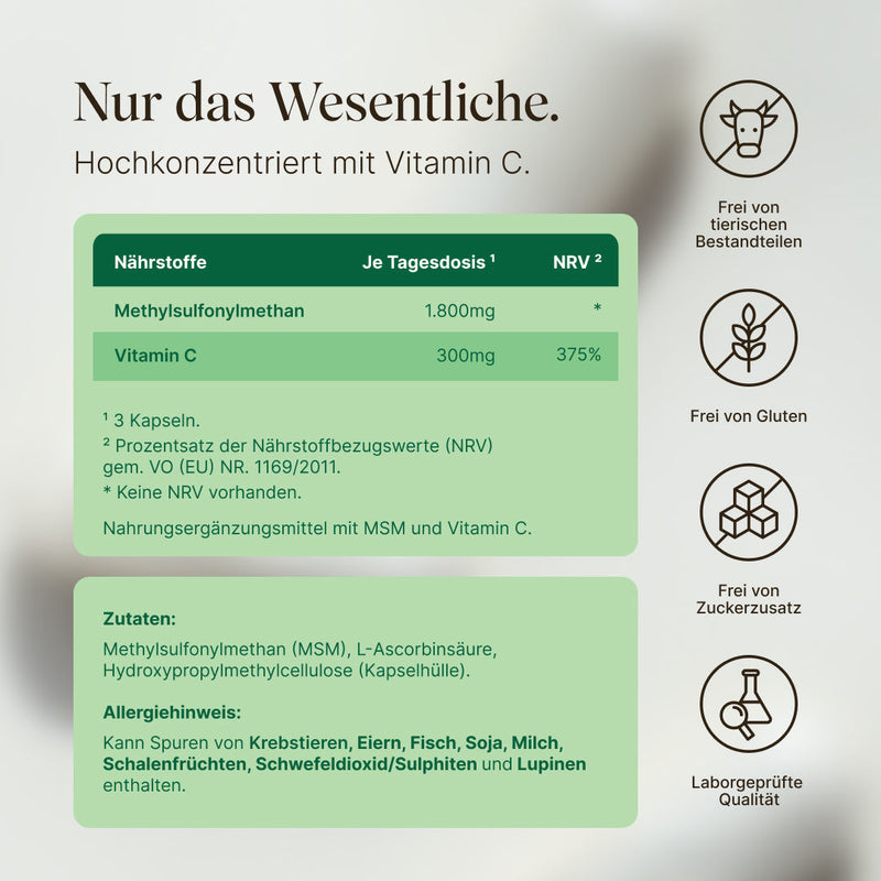 Vetain MSM mit nur den wesentlichen utaten und Vitamin C. Frei von tierischen bestandteilen, frei von Gluten, frei von Zuckerzusatz, Laborgeprüfte Qualität