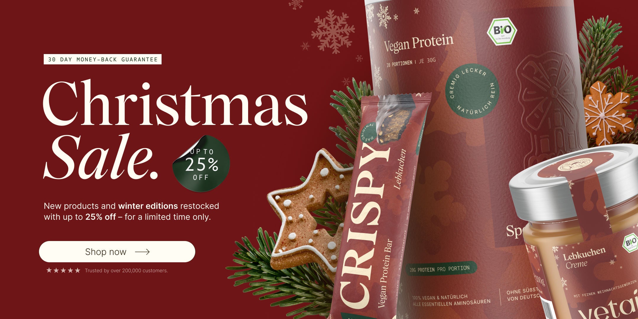 Christmas Sale at Vetain. Up to 25% discount. New products and winter editions restocked. Plant-based, with organic ingredients, 100% natural, and free from artificial additives. 30-day money-back guarantee. Discover now. Speculoos protein powder, gingerbread protein bar, gingerbread cream