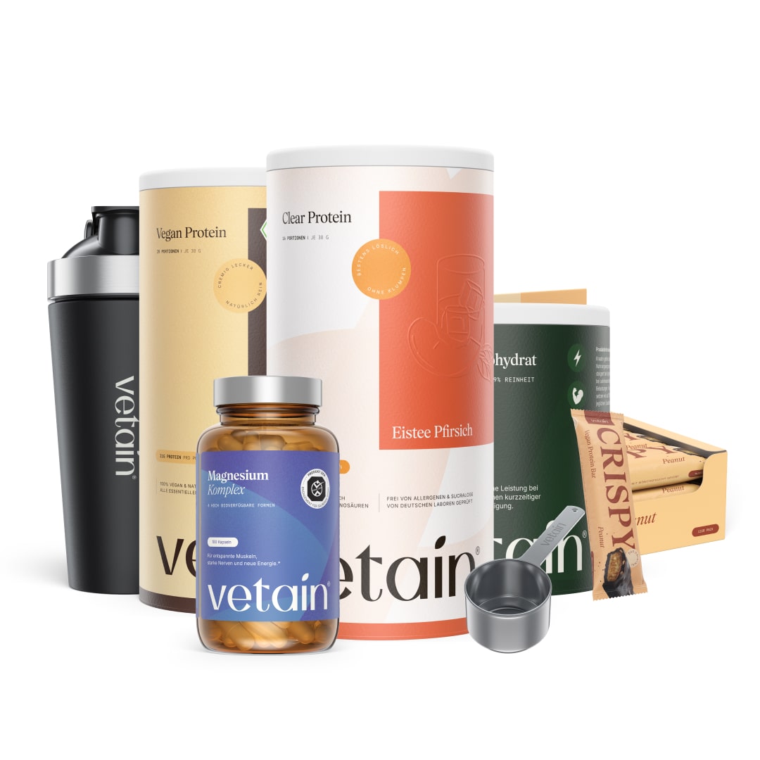 Vetain Bundle Performance Pro. Vegan Protein, Clear Protein, Crispy Proteinriegel, Kreatin, Magnesium, Edelstahl Proteinshaker und Edelstahl Scoop Portionierlöffel