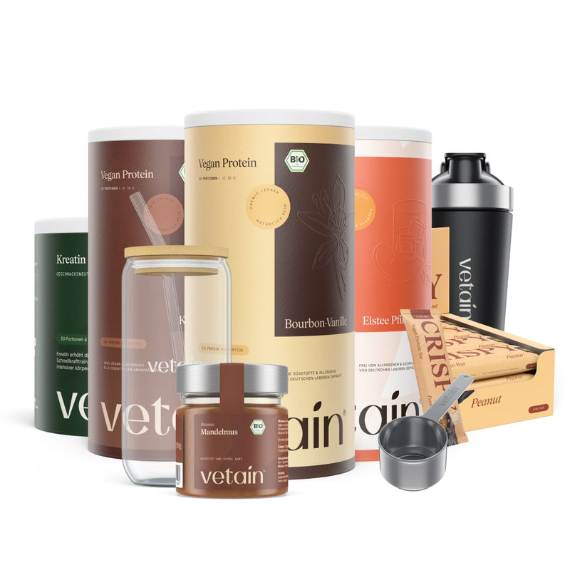 Vetain Bundle Ultimate Experience. Vegan Protein, Clear Protein, Crispy Proteinriegel, Kreatin, Nussmus, Edelstahl Proteinshaker, Trinkglas und Edelstahl Scoop Portionierlöffel