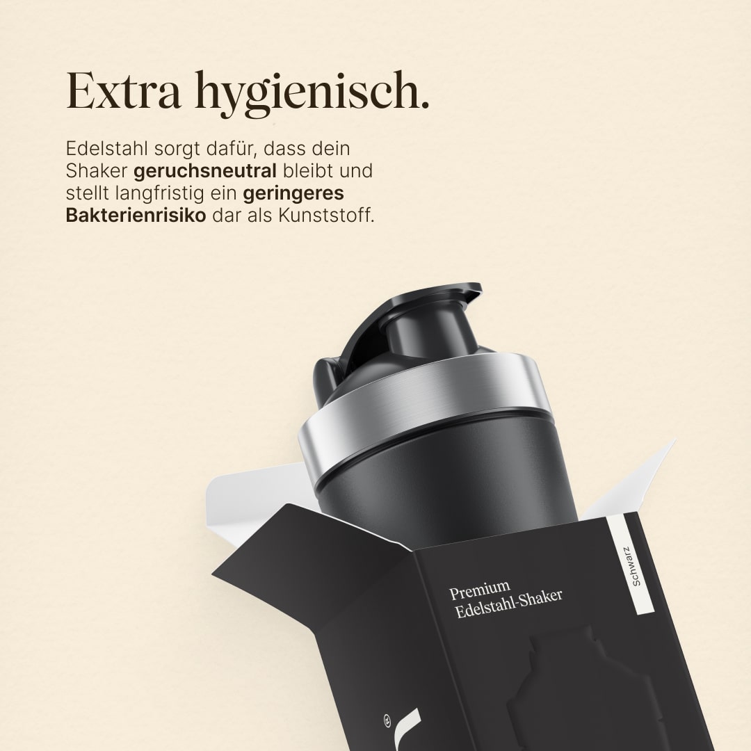 Vetains Edelstahlshaker ist extra hygienisch. Edelstahl sorgt dafür, dass dein Shaker geruchsneutral bleibt und stellt langfristig ein geringes Bakterienrisiko dar als Kunststoff