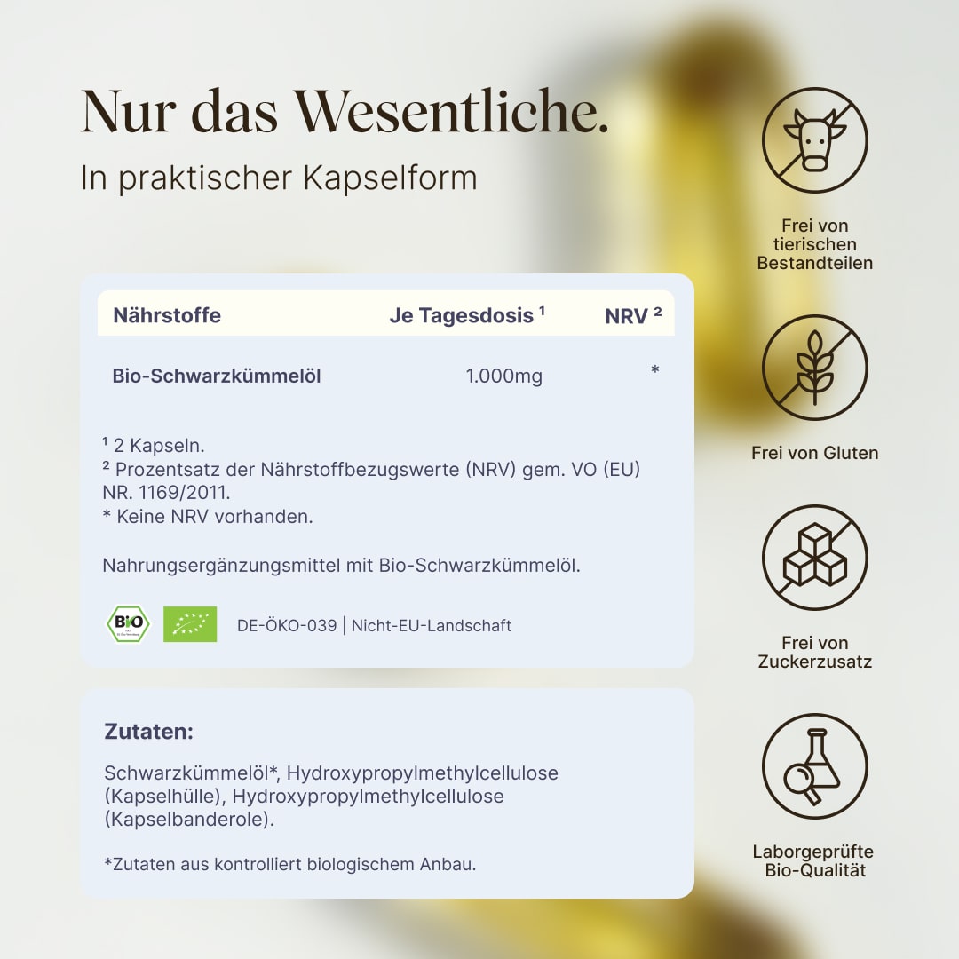 Vetain Bio Schwarzkümmelöl in praktischer Kapselform. Frei von tierischen Bestandteilen, frei von Gluten, Frei von Zuckerzusatz, Laborgeprüfte Bio-Qualität. 1000 mg Bio Schwarzkümmelöl je Tagesdosis