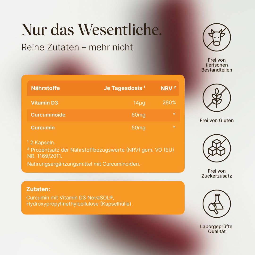 Curcuma von Vetain. Frei von tierischen Bestandteilen, frei von Gluten, frei von Zuckerzusatz, Laborgeprüfte Qualität. Mit 50mg Curcumin pro Tagesdosis.