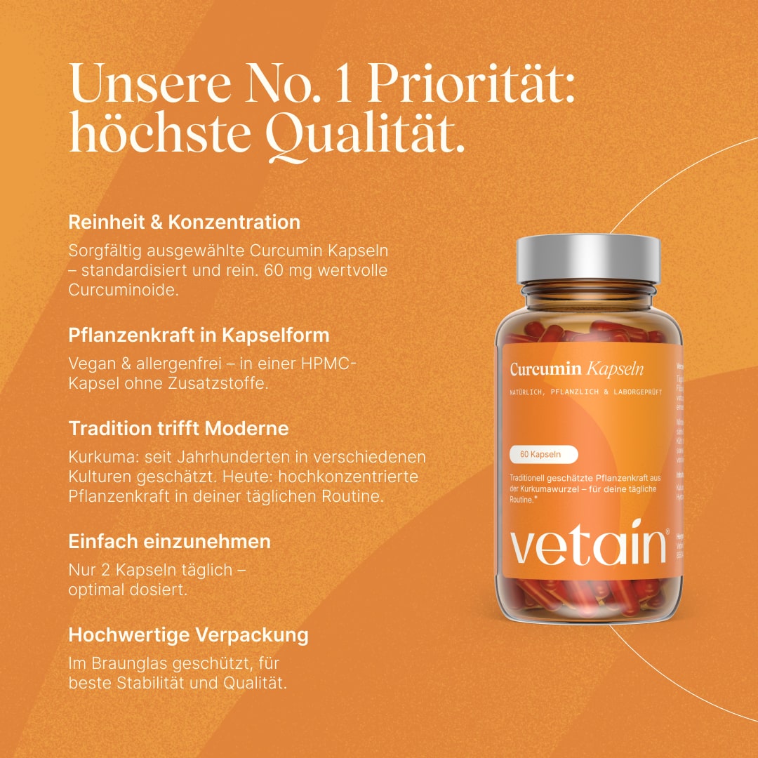 Vetain Kurkuma Kapseln. Reinheit und Konzentration. Pflanzenkraft in Kapselform, Tradition trifft Moderne. Einfach einzuehmen. Hochwertige Verpackung