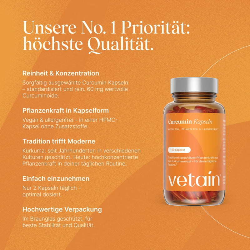 Vetain Kurkuma Kapseln. Reinheit und Konzentration. Pflanzenkraft in Kapselform, Tradition trifft Moderne. Einfach einzuehmen. Hochwertige Verpackung