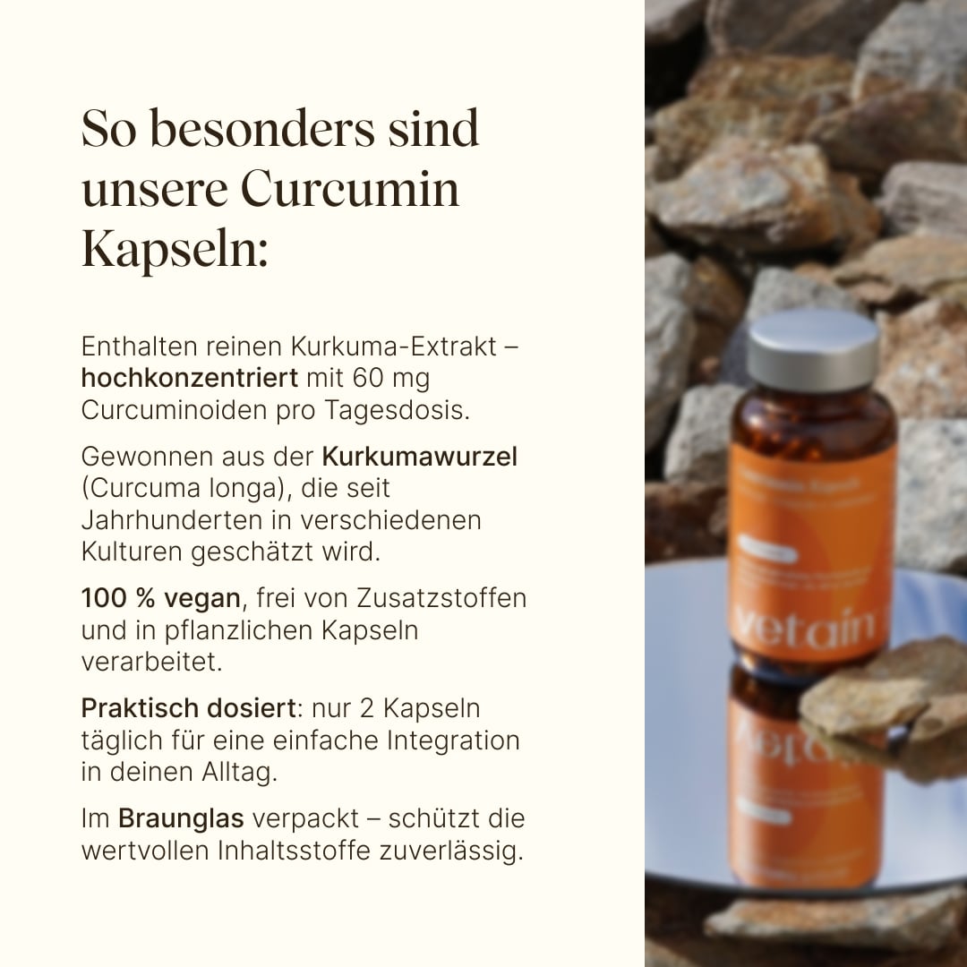 Vetain Kurkuma Wirkung. 80mg Curcuminoiden, gewonnen aus der Kurkumawurzel, 100% vegan