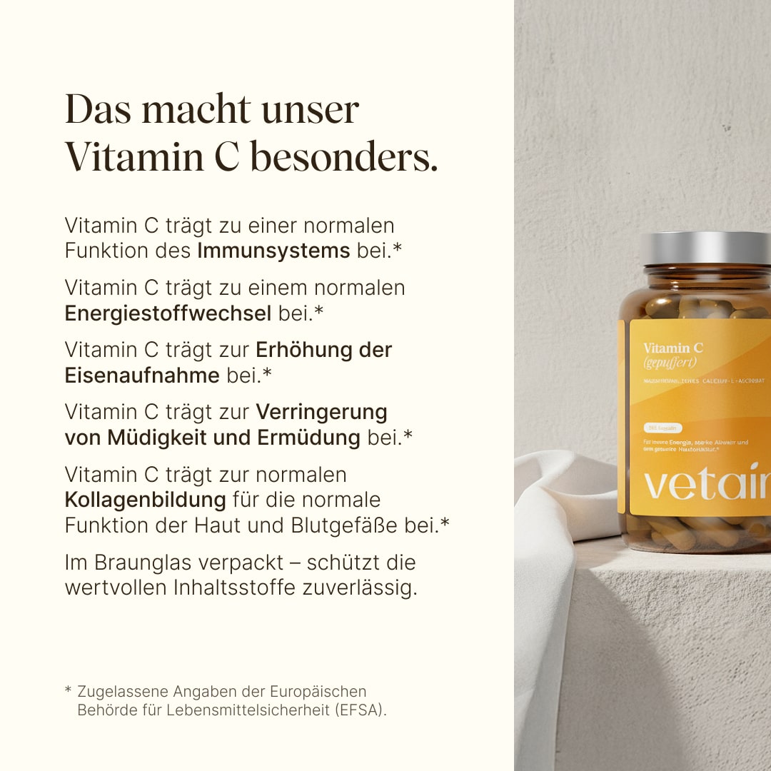 Vetain Vitamin C (gepuffert) für das Immunsystem, den Energiestoffwechsel, zur Verringerung von Müdigkeit, für eine normale Kollagenbildung
