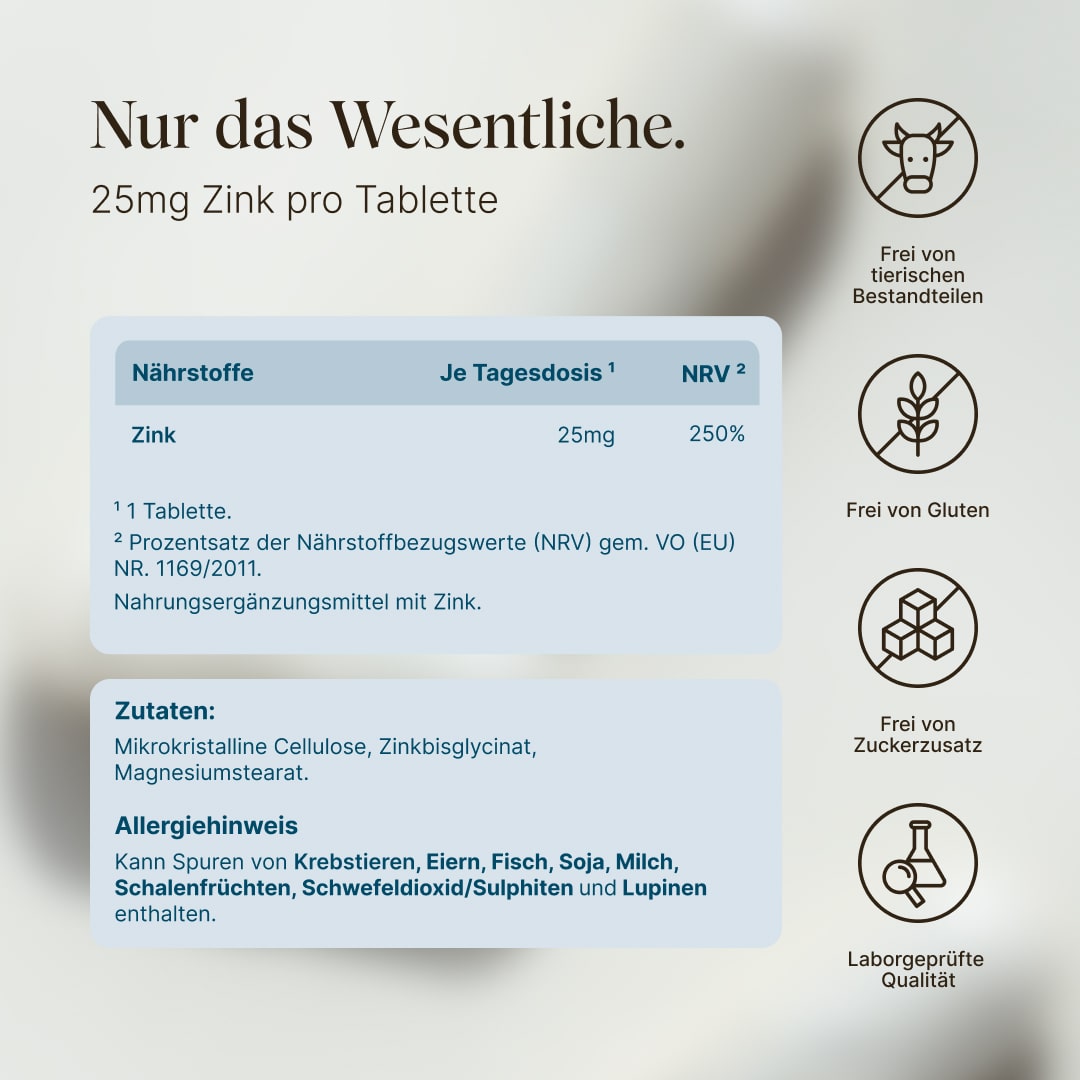 Vetain Zink 25mg Zink pro Tablette. Frei von tierischen Bestandteilen, frei von Gluten, Frei von Zuckerzusatz, Laborgeprüfte Bio-Qualität. 
