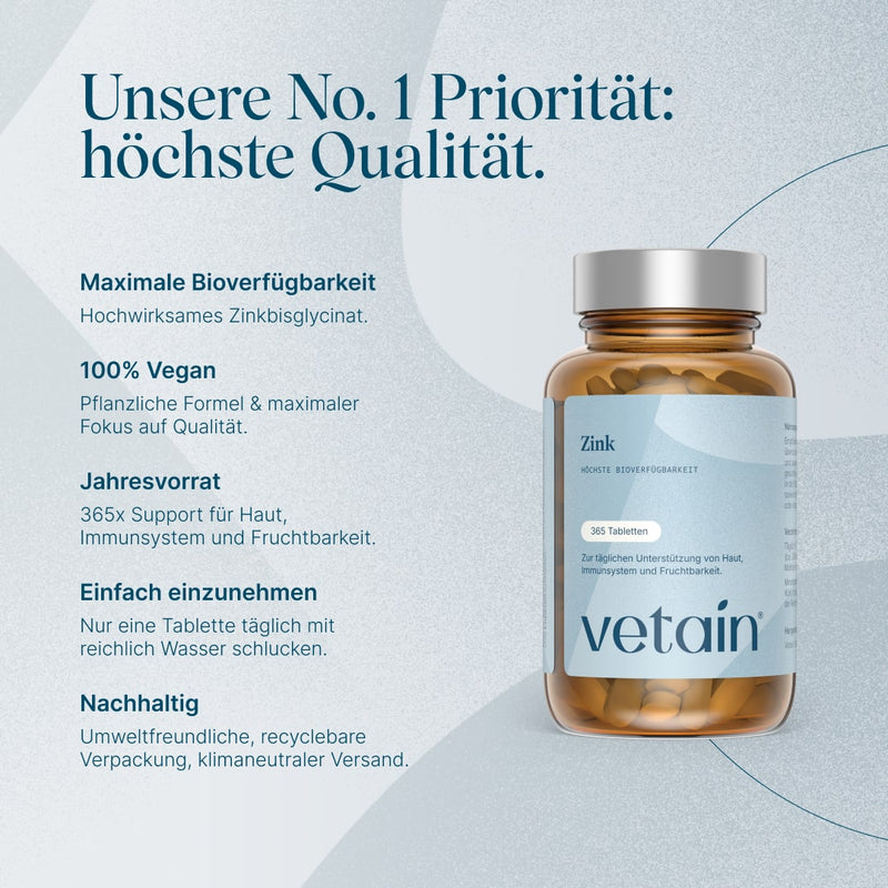 Zink Supplement Qualität mit maximaler Bioverfügbarkeit, 100% vegan, einfach einzunehmen, nachhaltig
