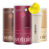 Vetain Bundle: Vegan Protein Waldbeere, Neutral, Kakao. Sorten frei wählbar. Mit gratis Shaker
