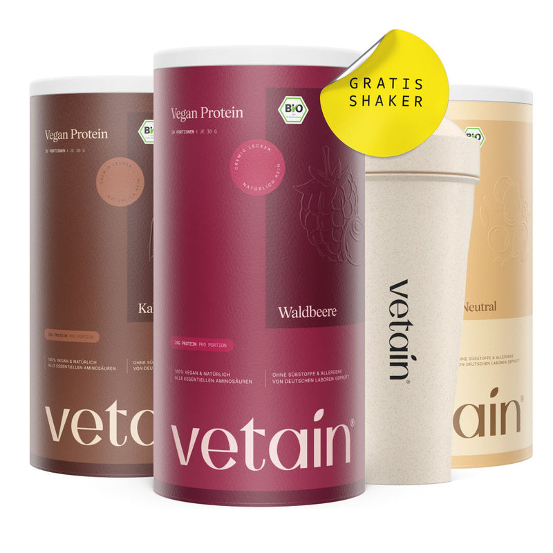 Vetain Bundle: Vegan Protein Waldbeere, Neutral, Kakao. Sorten frei wählbar. Mit gratis Shaker