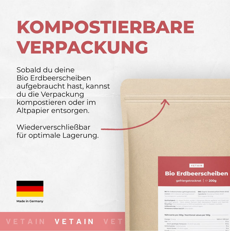 Kompostierbare Packung - Erdbeerscheiben gefriergetrocknet bio Vetain