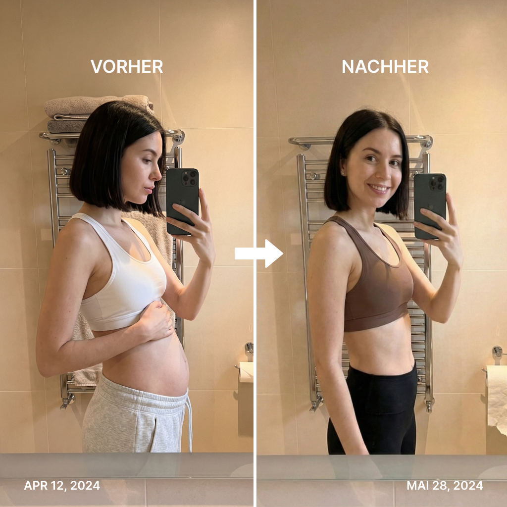 Vorher-Nachher Vergleich: Frau mit Blähbauch vor Vetain, danach ohne