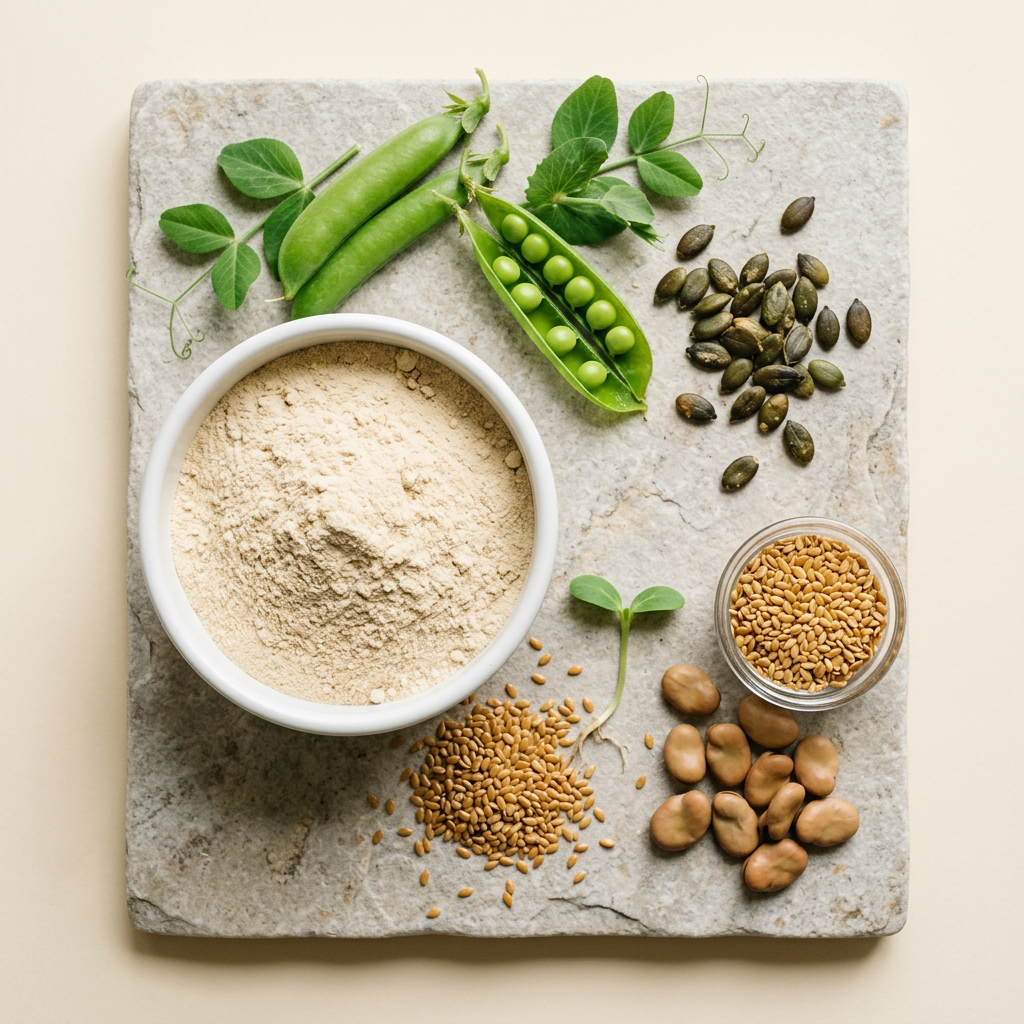Bio-Proteinpulver mit Erbsen, Kürbiskernen, Leinsamen und Ackerbohnen auf Naturstein