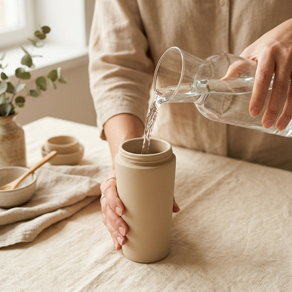 Wasser in Glas oder Shaker einschenken