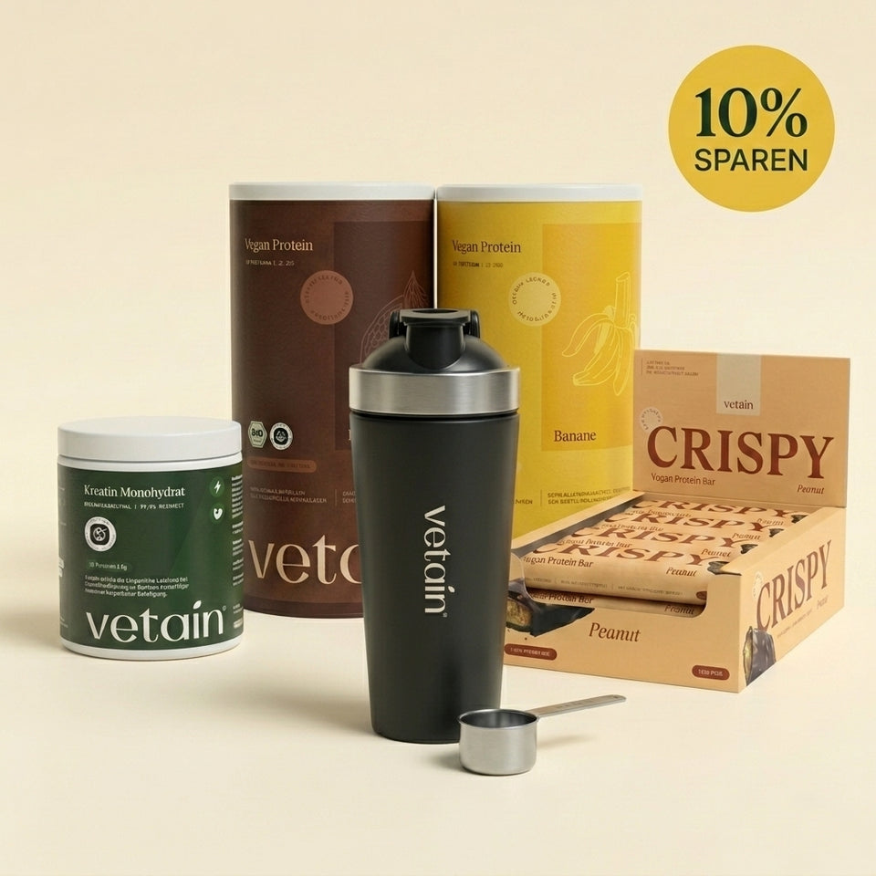 Sörens Vorteilsbundle: 2x Vegan Protein Kakao und Banane, Crispy Box Peanut, Kreatin Monohydrat, Edelstahl-Shaker und Edelstahl-Scoop