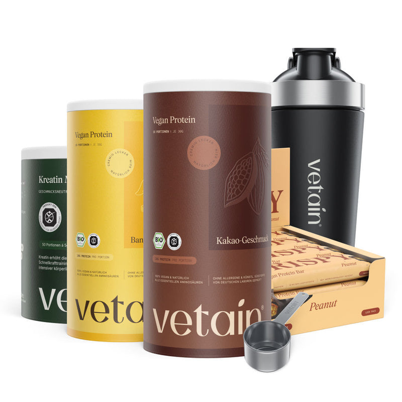 vetain Vorteilsbundle: 2x Vegan Protein, Crispy Box, Kreatin, Edelstahl-Shaker und Edelstahl-Scoop gratis