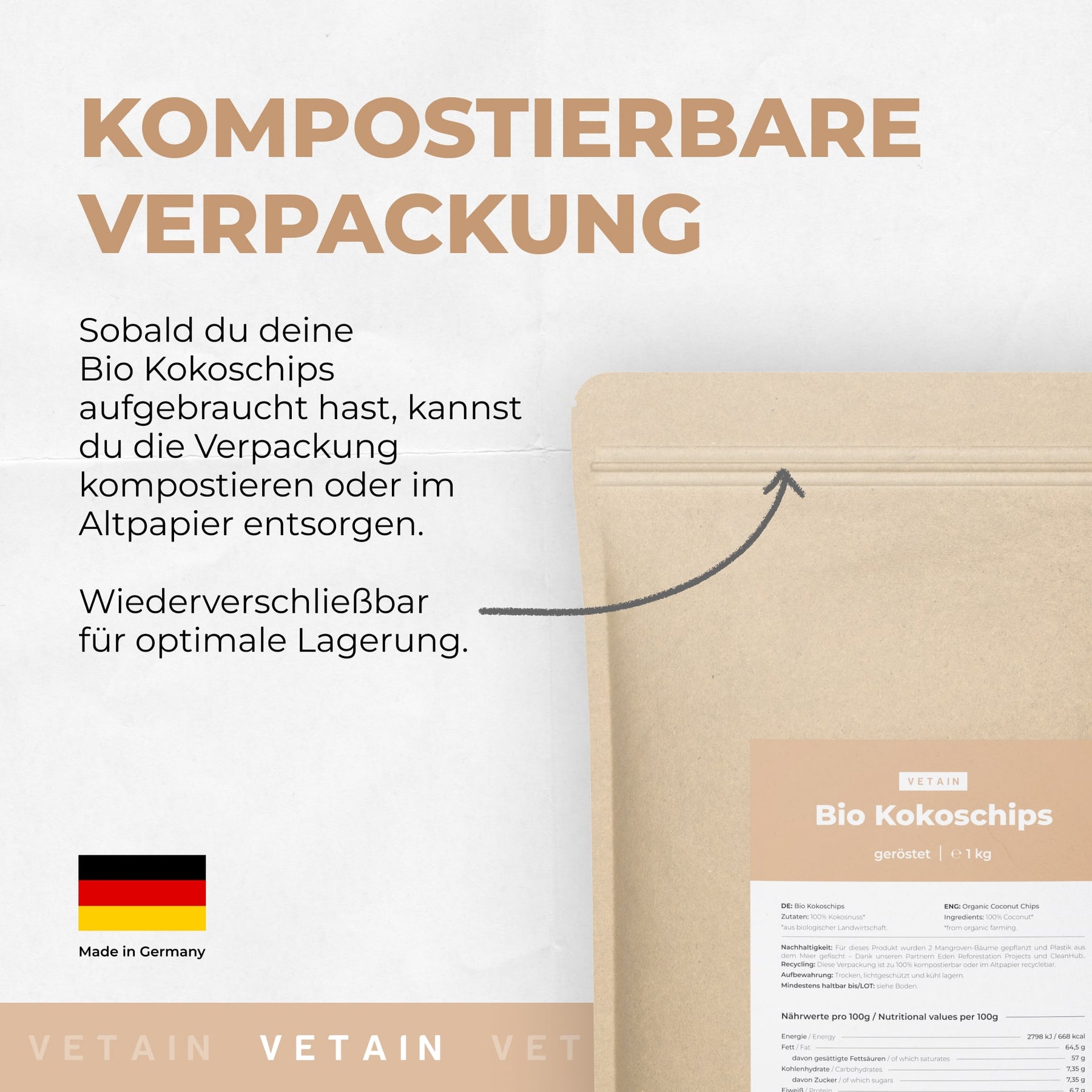 Kompostierbare Verpackung Kokoschips geröstet Bio Vetain