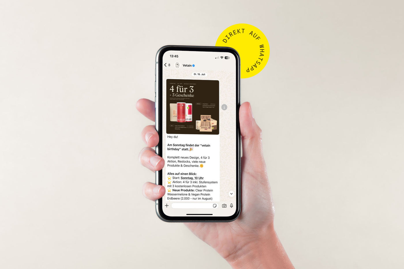 Handy Bildschrim, auf welchem der WhatsApp Newsletter von Vetain zu sehen ist