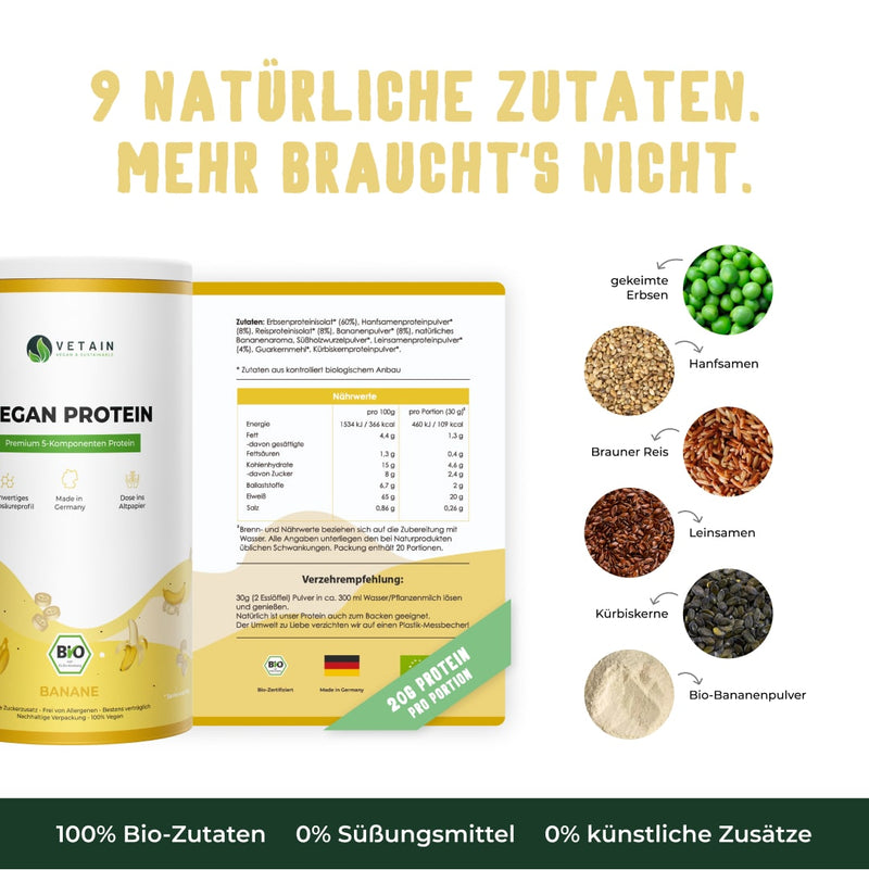 Vegan Protein Banane - Natürliche Zutaten, echtes Bananenpulver - Mehrkomponentenprotein