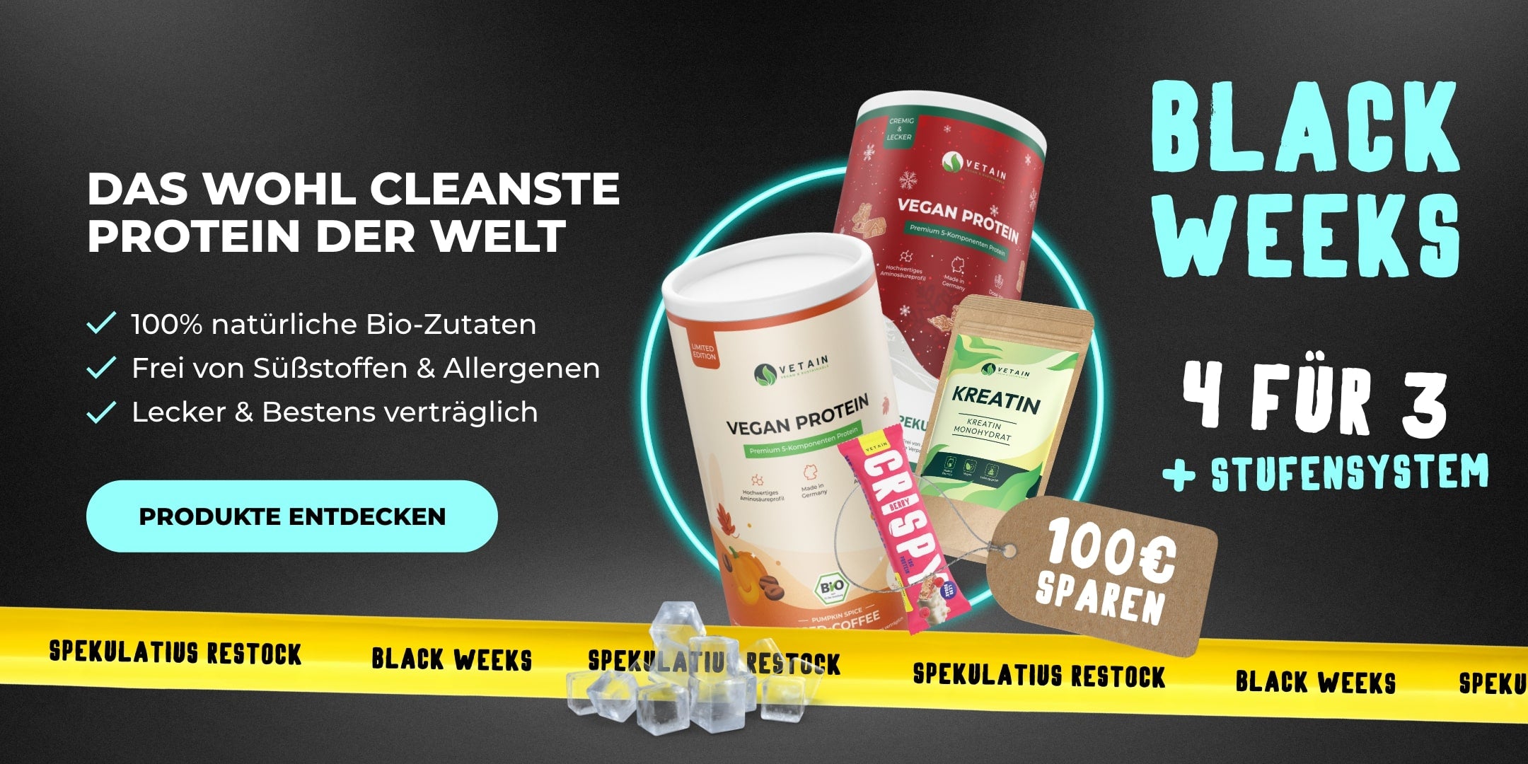 Vetain Black Weeks Aktion Veganes Proteinpulver und Supplements