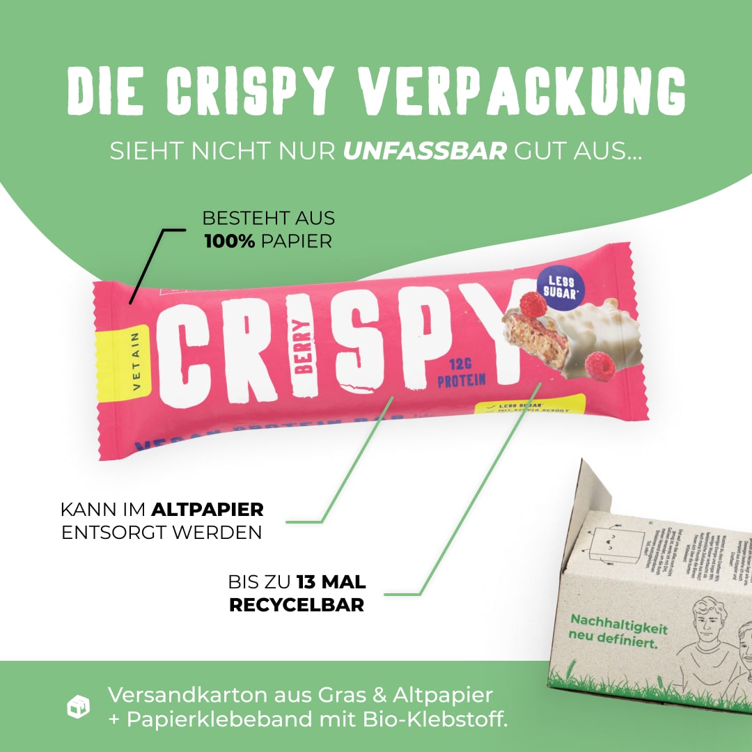 Vetain Crispy veganer Proteinriegel - nachhaltige Verpackung