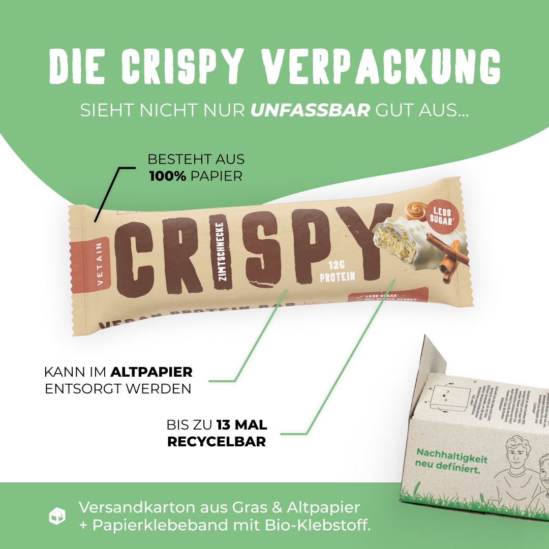 Vetain Crispy veganer Proteinriegel - nachhaltige Verpackung