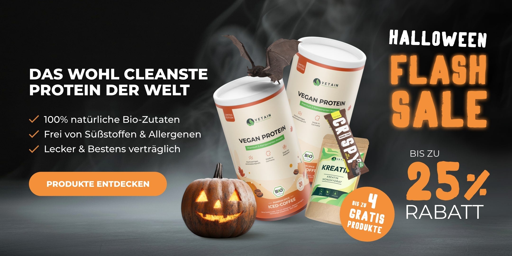 Vetain Halloween Aktion - Veganes Proteinpulver und Supplements