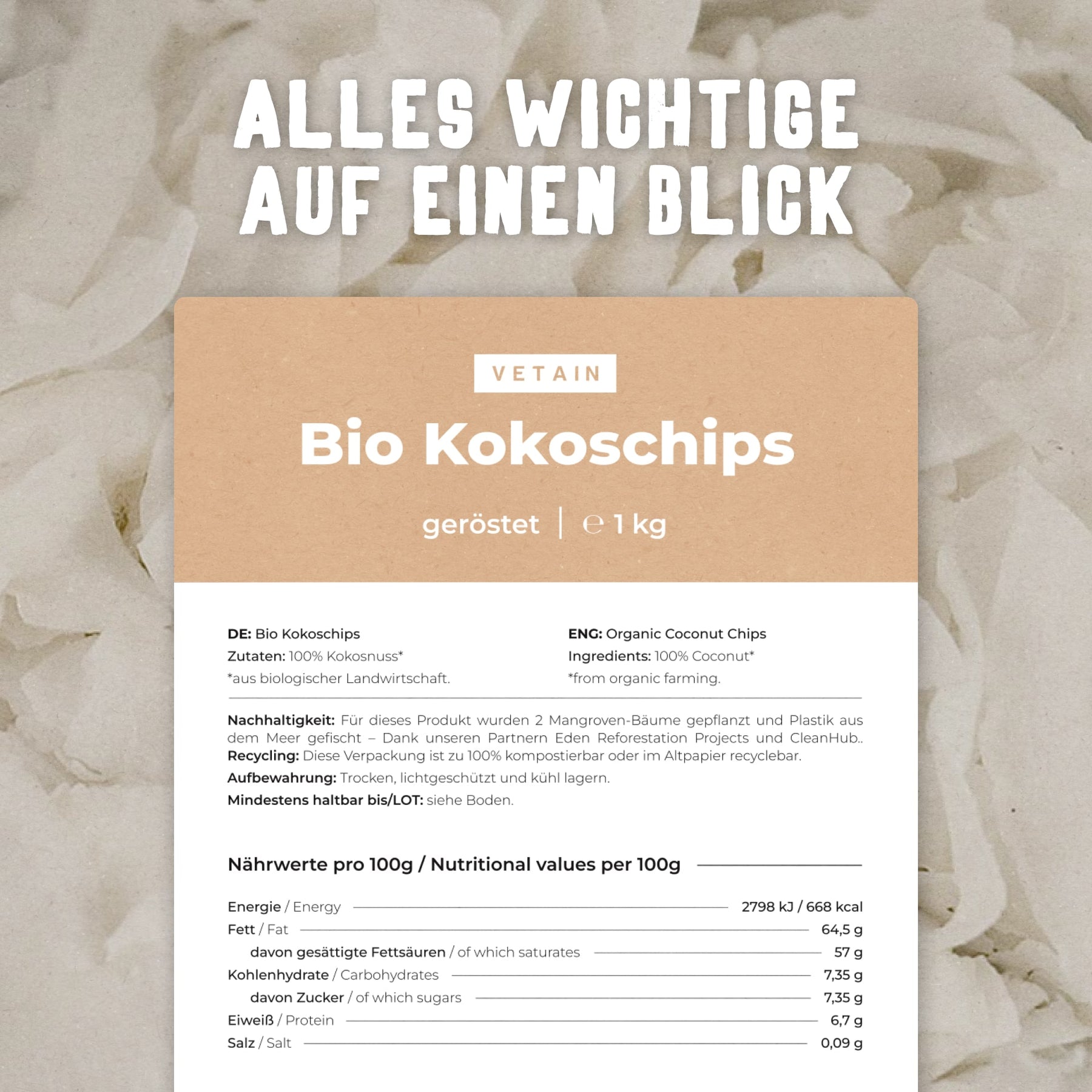 Zutaten Kokoschips geröstet Bio Vetain